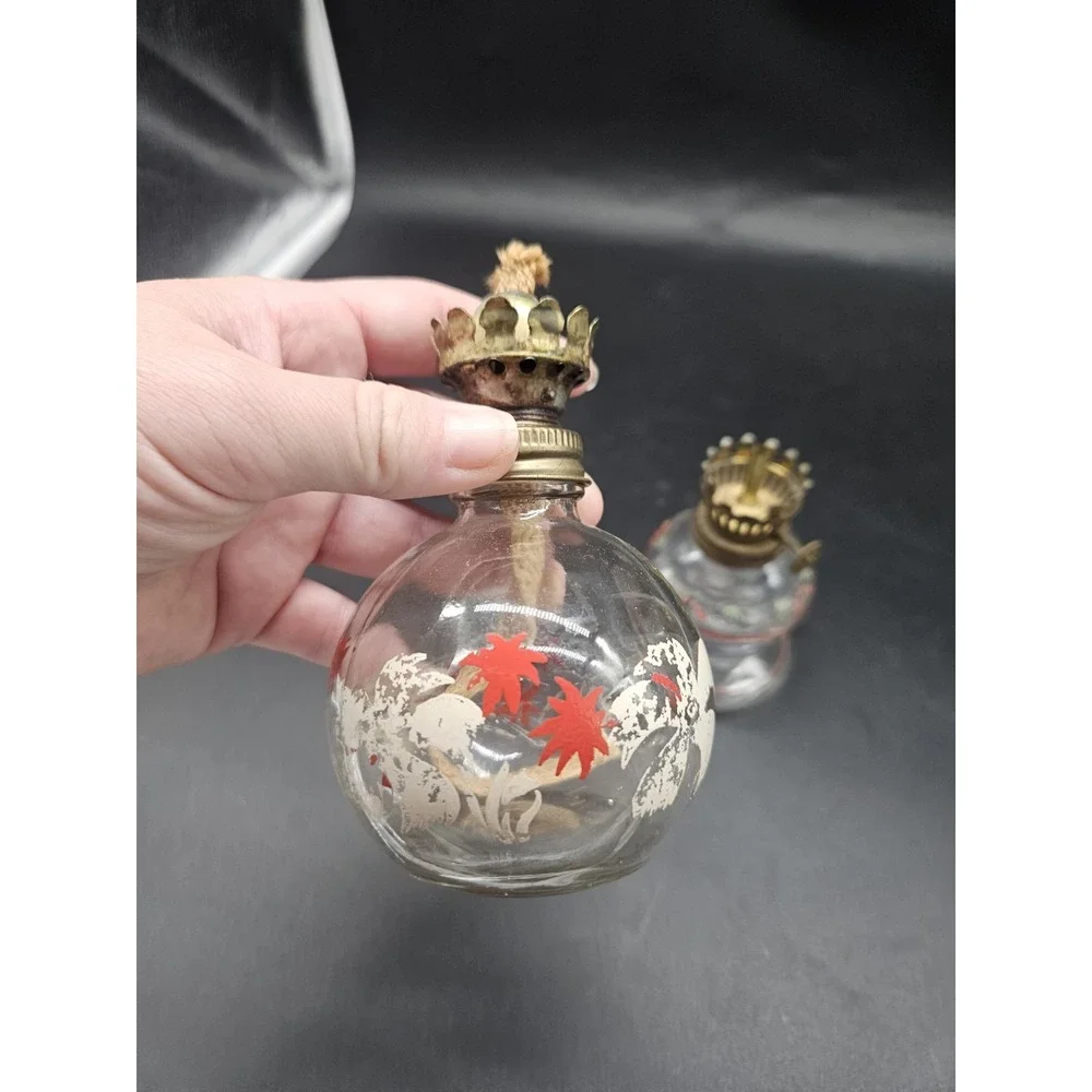 Lot Of 2 Clear W/ Red Design Small Oil Lamp Bases No Chimneys